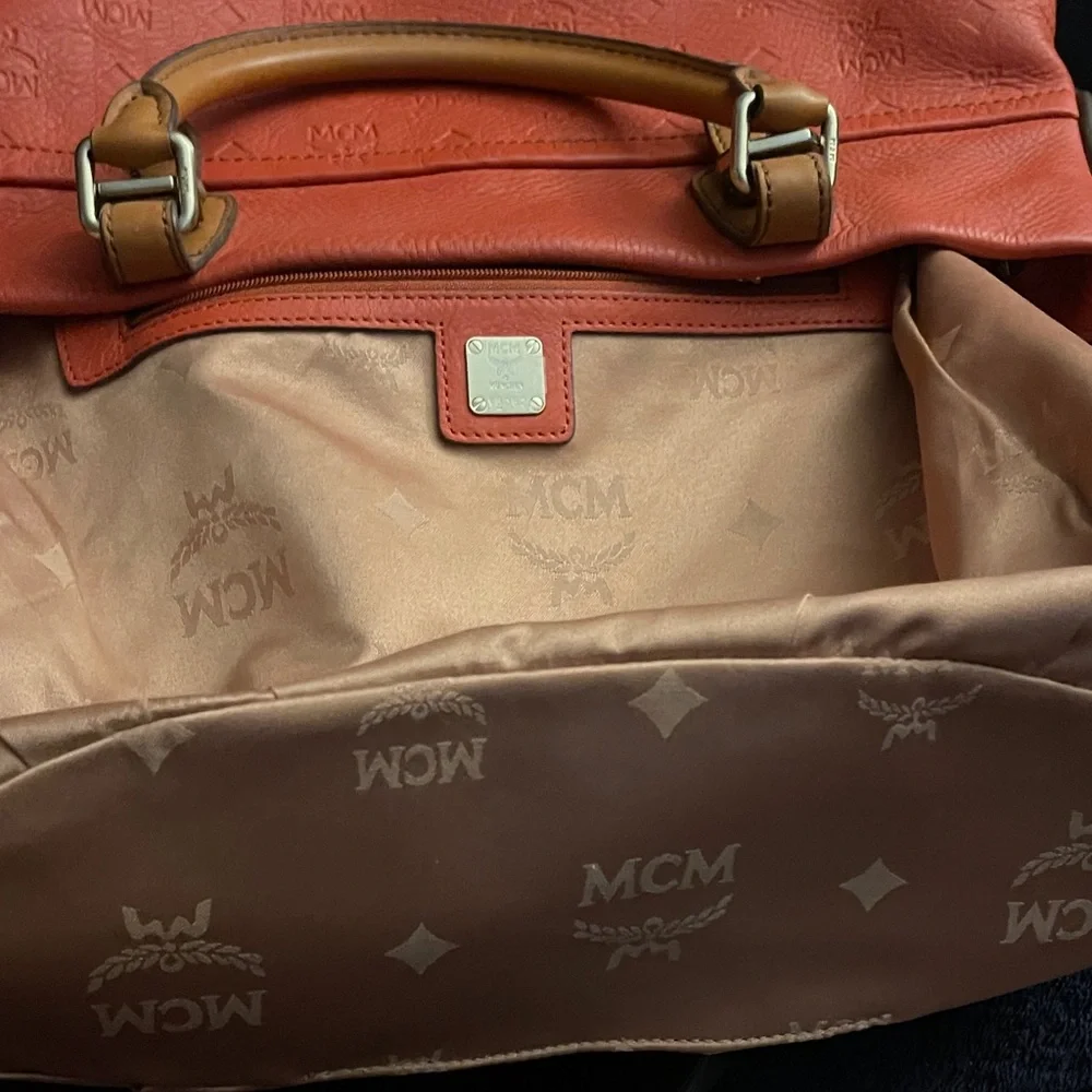 MCM Orange Embossed Leather Medium Two-way Bag W/ Detachable Strap EUC